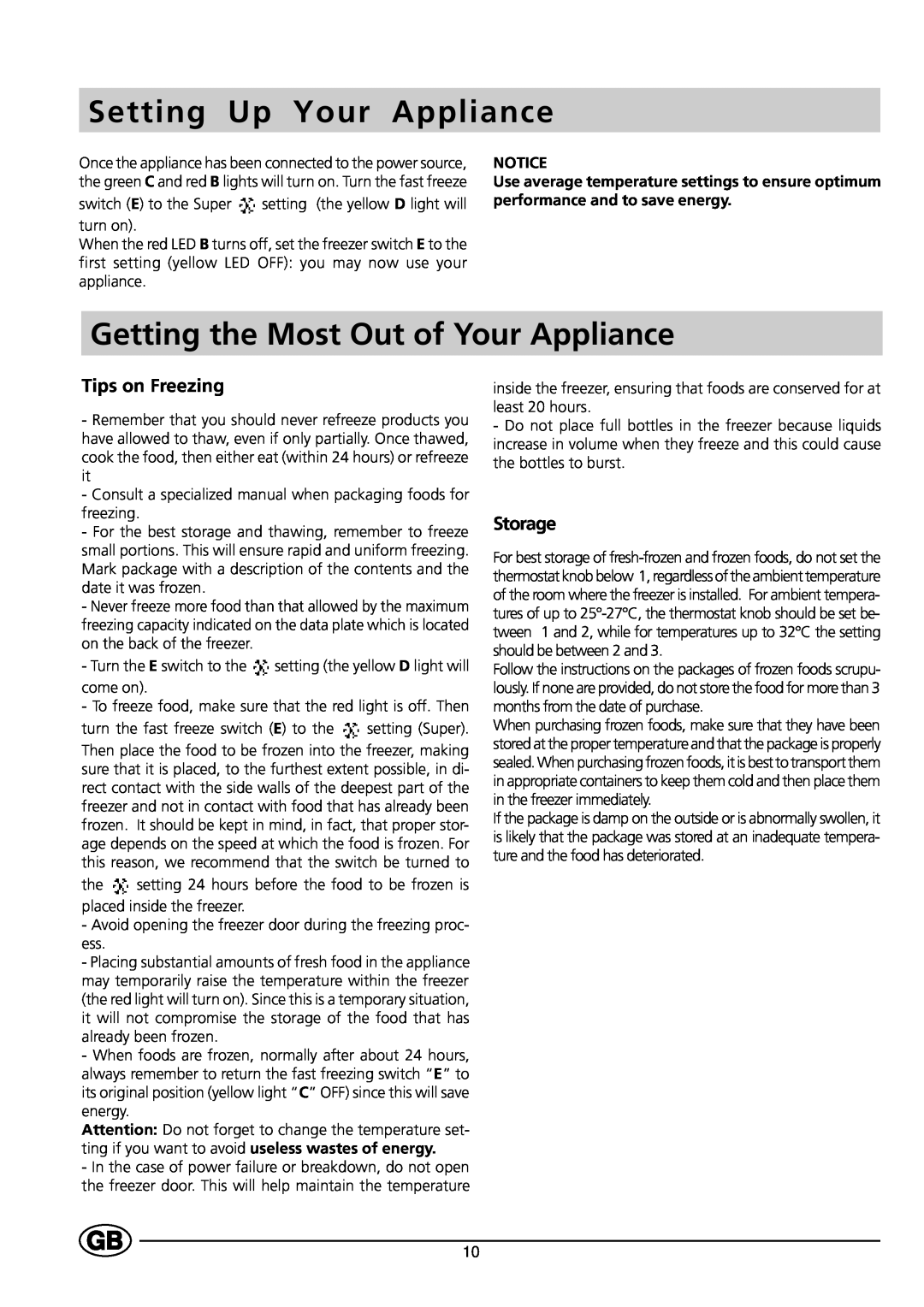 Indesit GCO120 manual Setting Up Your Appliance, Getting the Most Out of Your Appliance, Tips on Freezing, Storage 