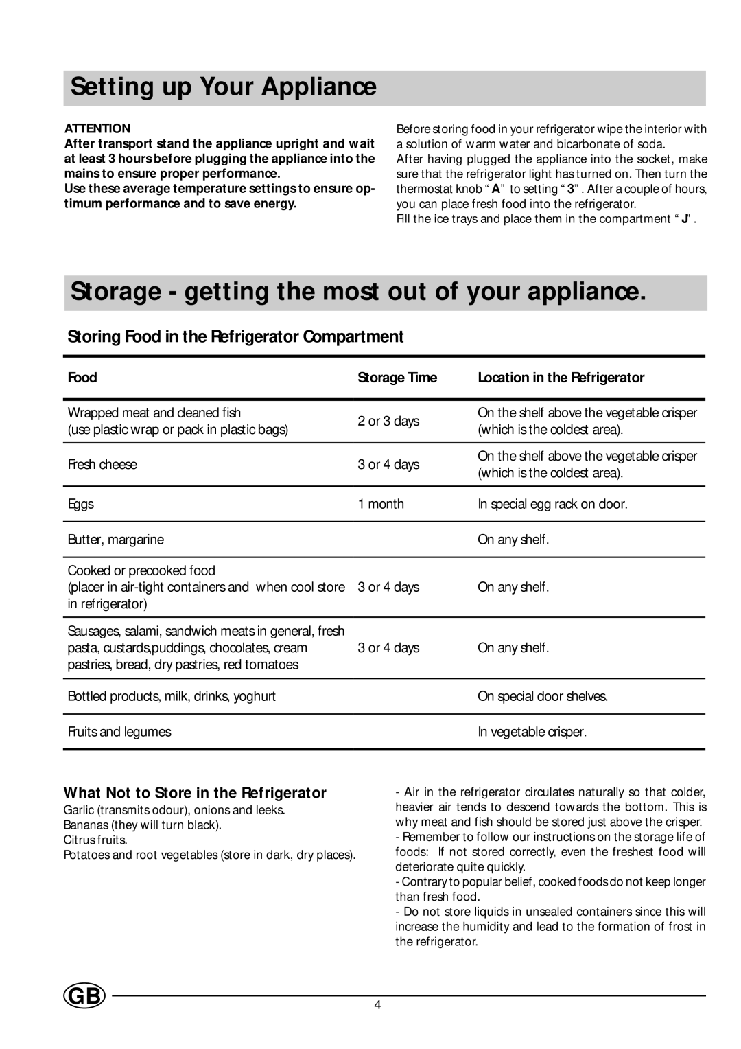 Indesit GS 164 I UK manual Setting up Your Appliance, Storage getting the most out of your appliance 