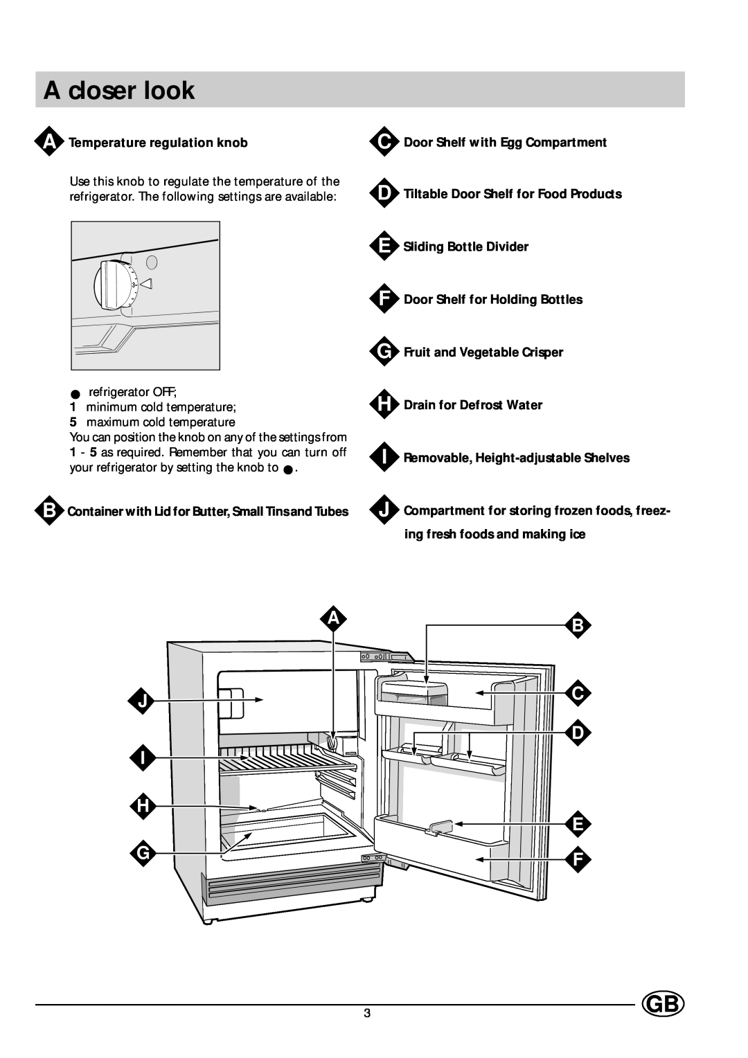 Indesit GS 164 I UK manual A closer look, A J I H G, B C D E F, Door Shelf with Egg Compartment 
