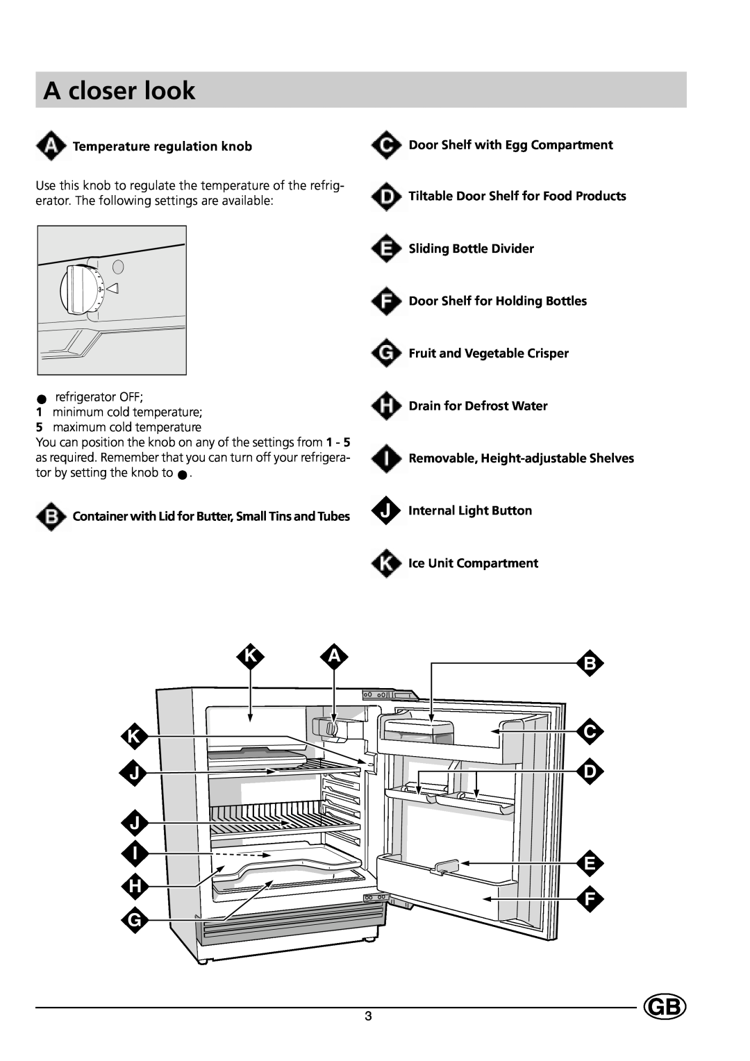 Indesit GSE 160 UK A closer look, K A K J J I H G, B C D E F, Temperature regulation knob, Door Shelf with Egg Compartment 