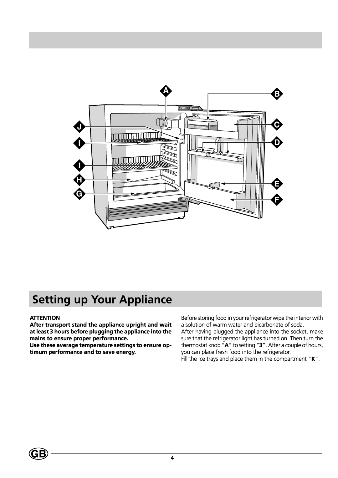 Indesit GSE 160 UK manual Setting up Your Appliance, A J I I H G, B C D E F 