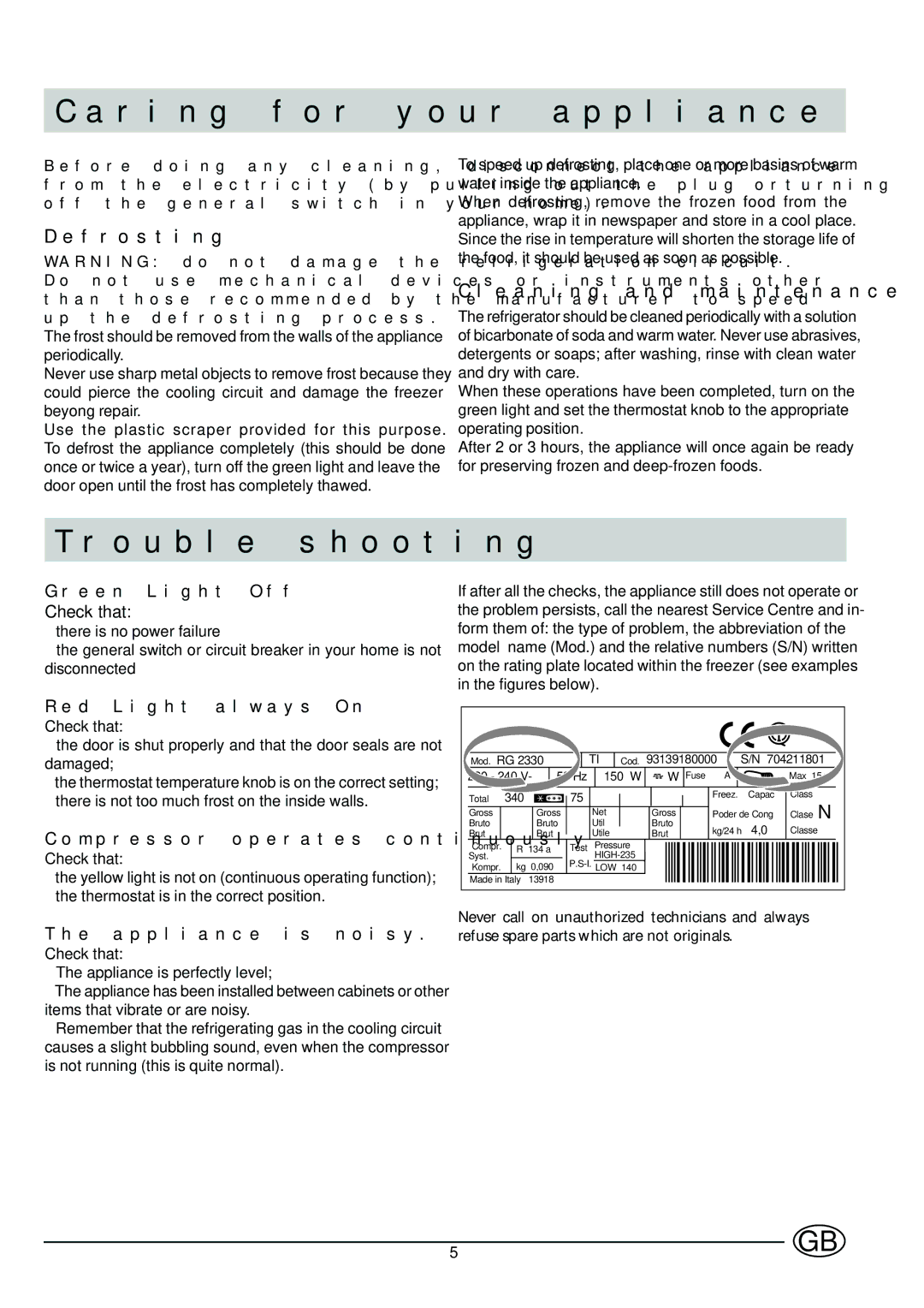 Indesit GSF 120 UK manual Caring for your appliance, Trouble shooting, Defrosting, Cleaning and maintenance 