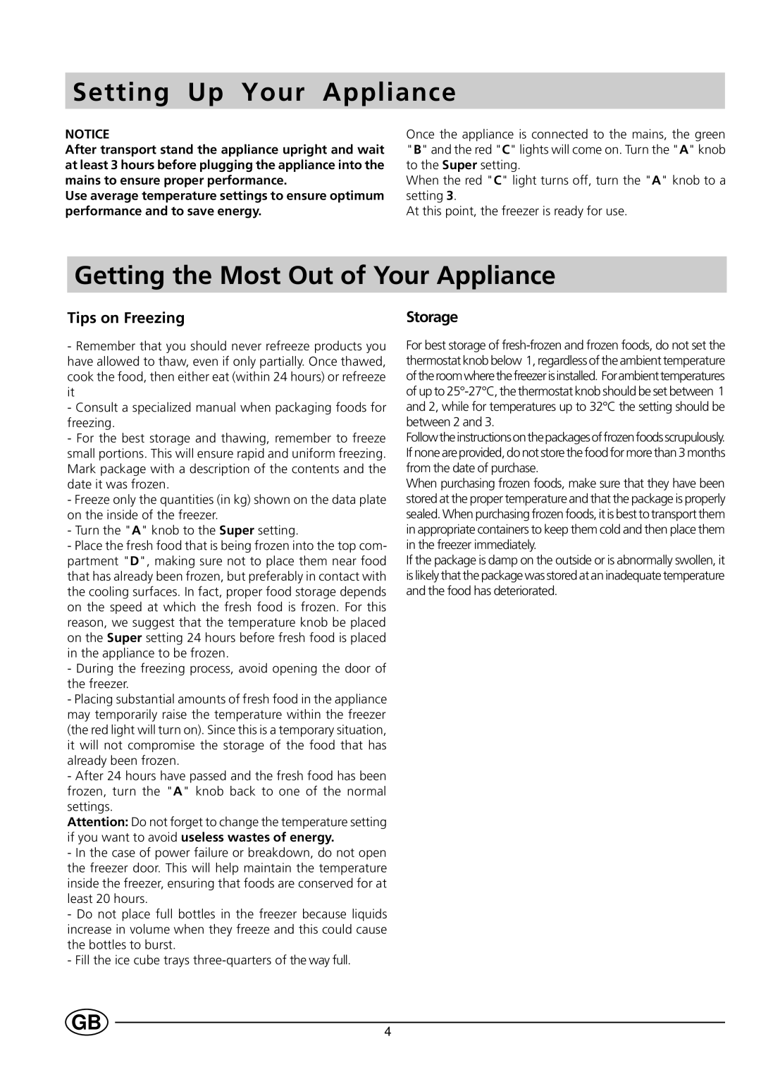 Indesit GSF4100 manual Setting Up Your Appliance, Getting the Most Out of Your Appliance, Tips on Freezing, Storage 