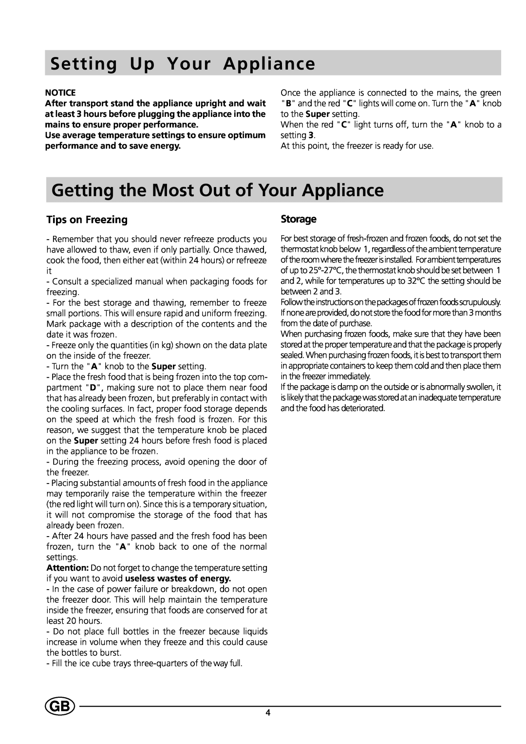 Indesit GSF4100 manual Setting Up Your Appliance, Getting the Most Out of Your Appliance, Tips on Freezing, Storage 