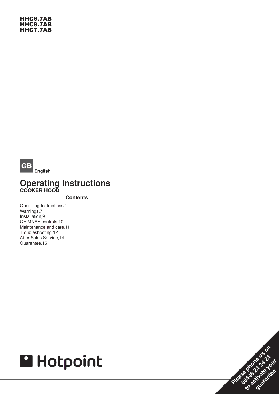 Indesit HHC6.7AB, HHC9.7AB, HHC7.7AB operating instructions Operating Instructions, Cooker Hood 