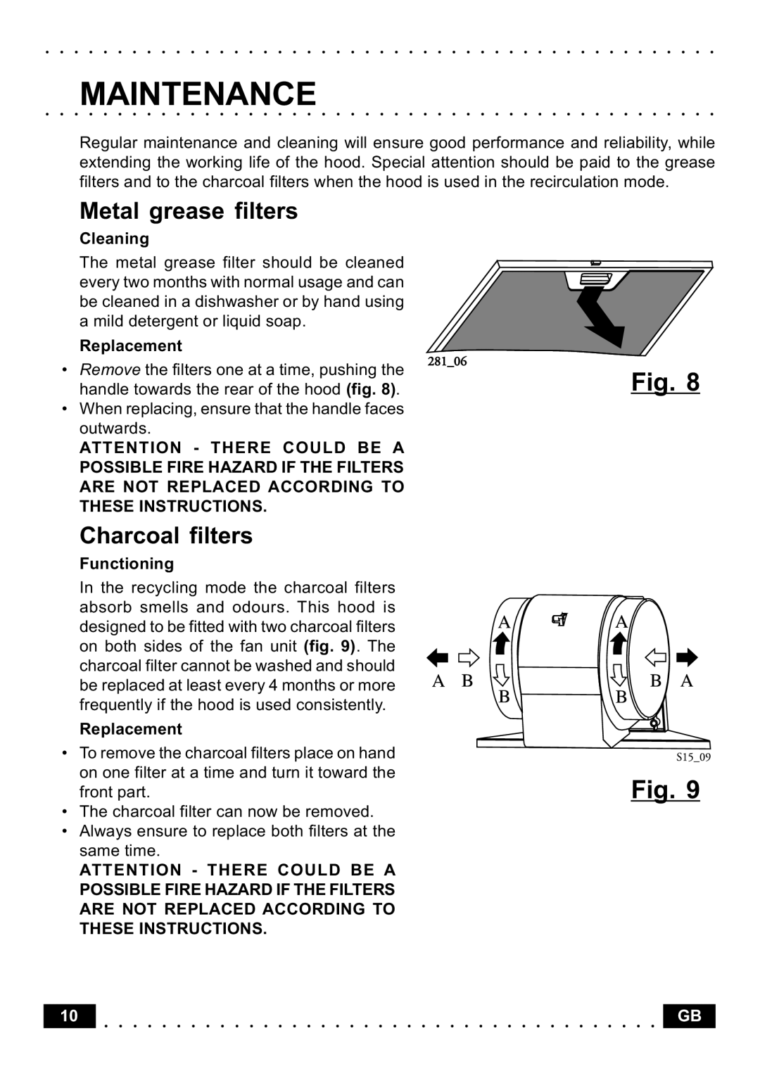 Indesit HI561 IXUK, HI591 IXUK manual Maintenance, Metal grease filters, Charcoal filters 