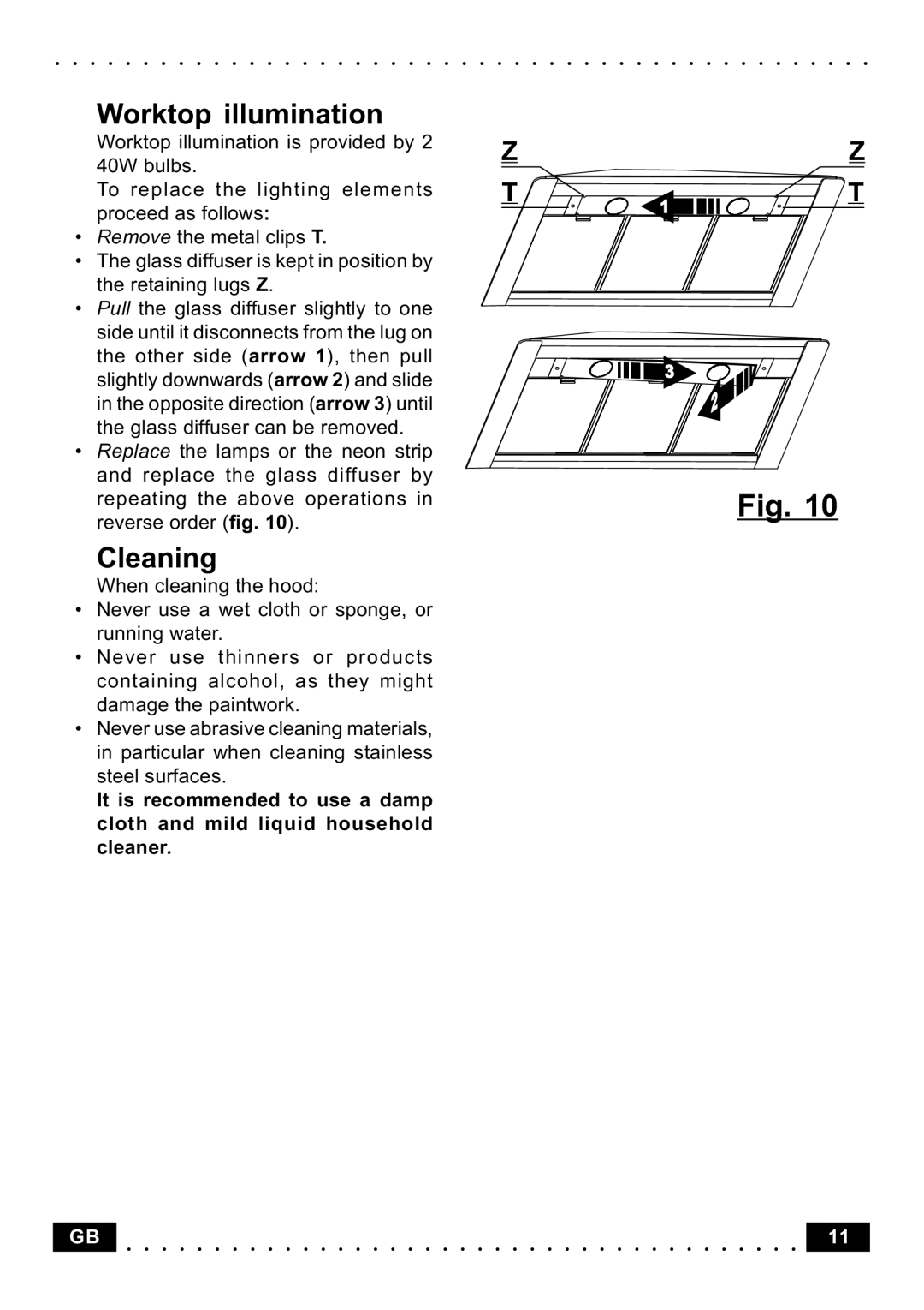 Indesit HI591 IXUK, HI561 IXUK manual Worktop illumination, Cleaning 