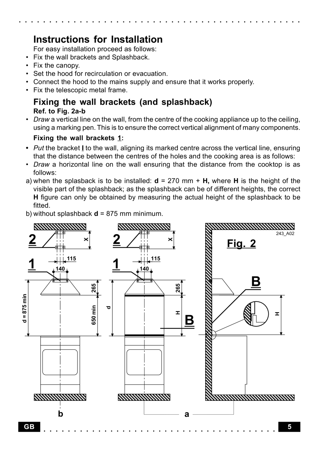 Indesit HI591 IXUK, HI561 IXUK manual Instructions for Installation, Fixing the wall brackets and splashback, Ref. to a-b 