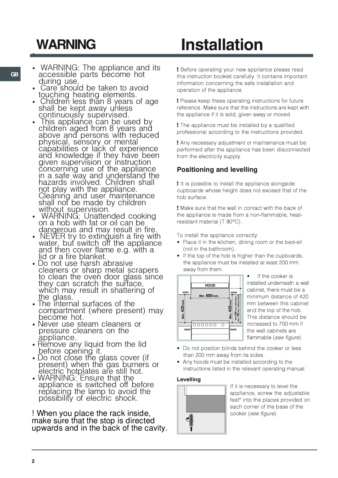 Indesit I6 manual Positioning and levelling, Levelling 