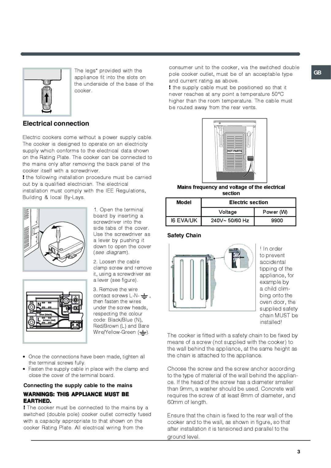 Indesit I6 manual Electrical connection, Connecting the supply cable to the mains 