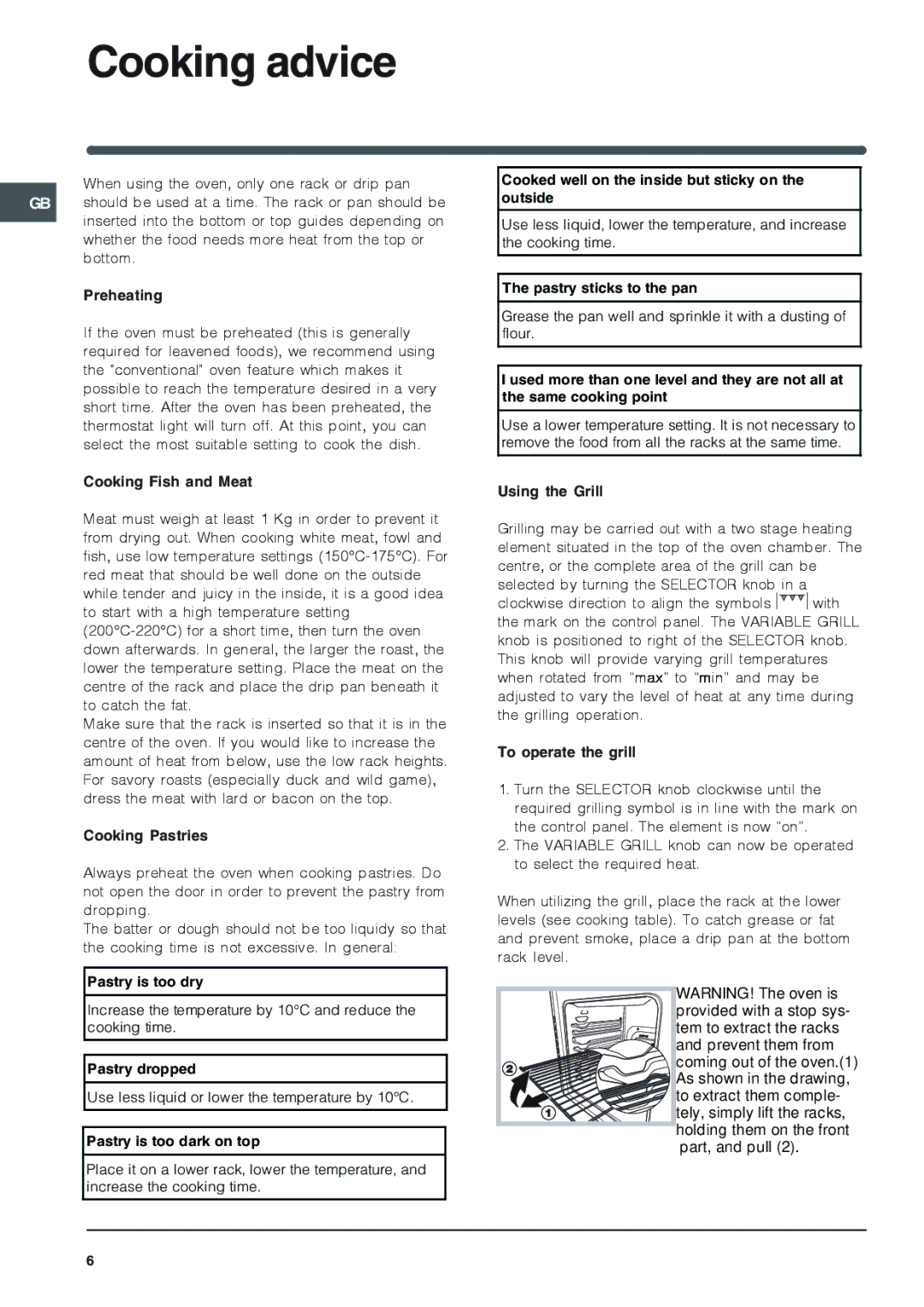 Indesit I6 manual Cooking advice 