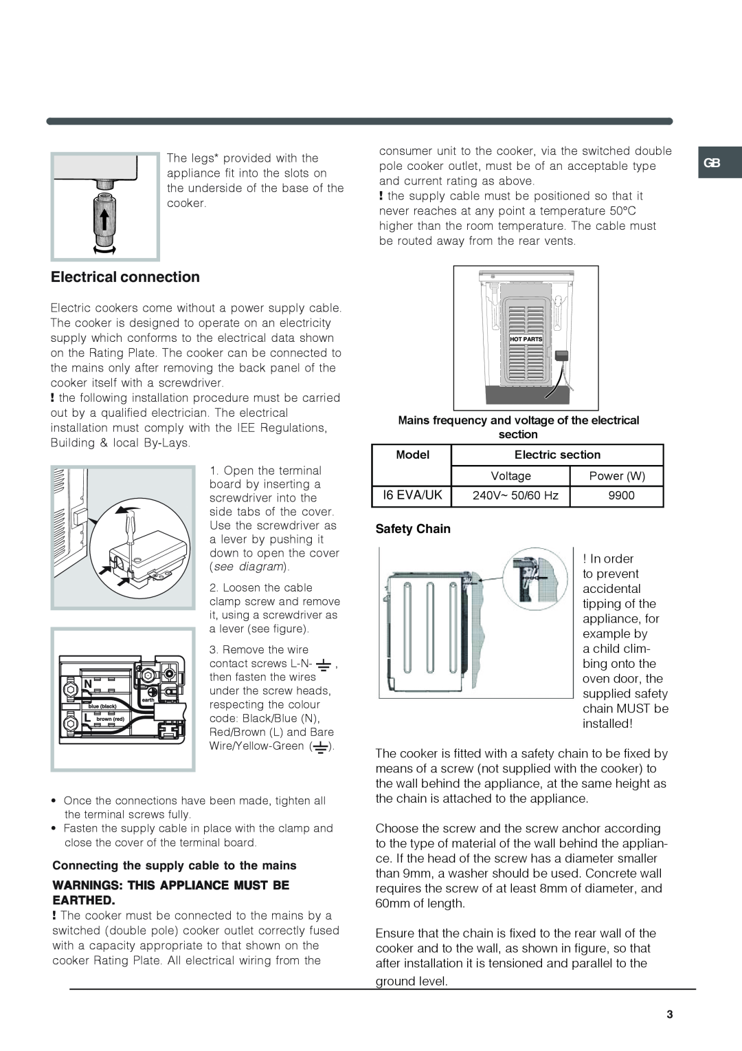 Indesit I6 manual Electrical connection, Safety Chain 