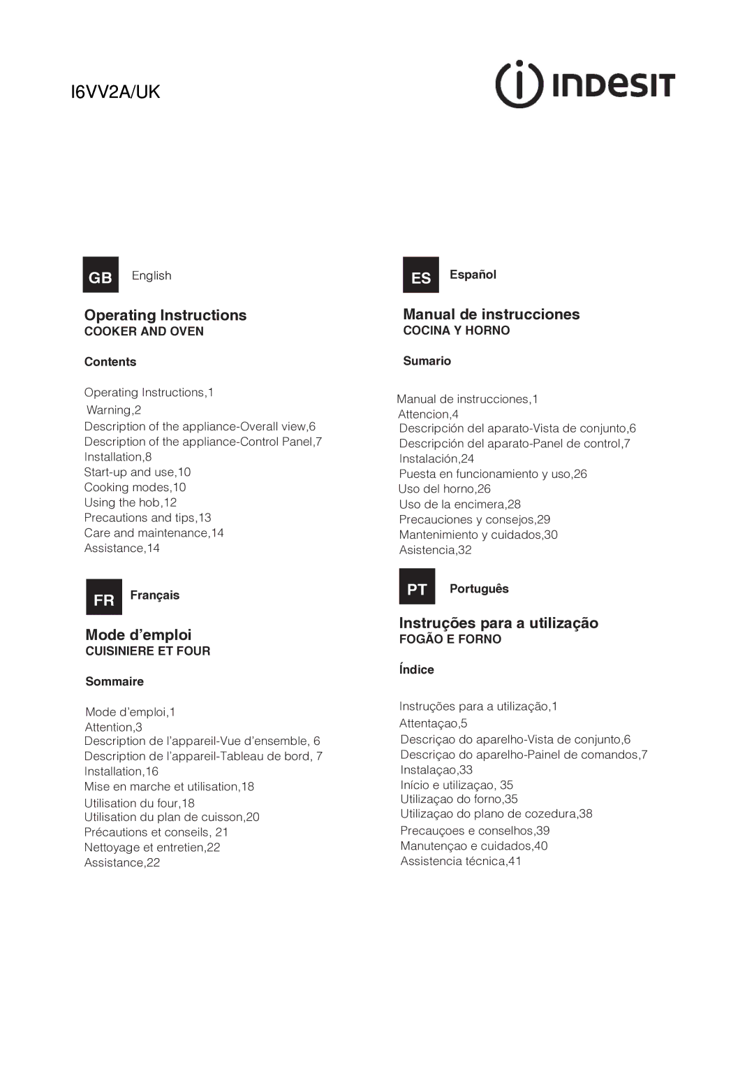 Indesit I6VV2A manual Operating Instructions, Mode d’emploi, Manual de instrucciones, Instruções para a utilização 