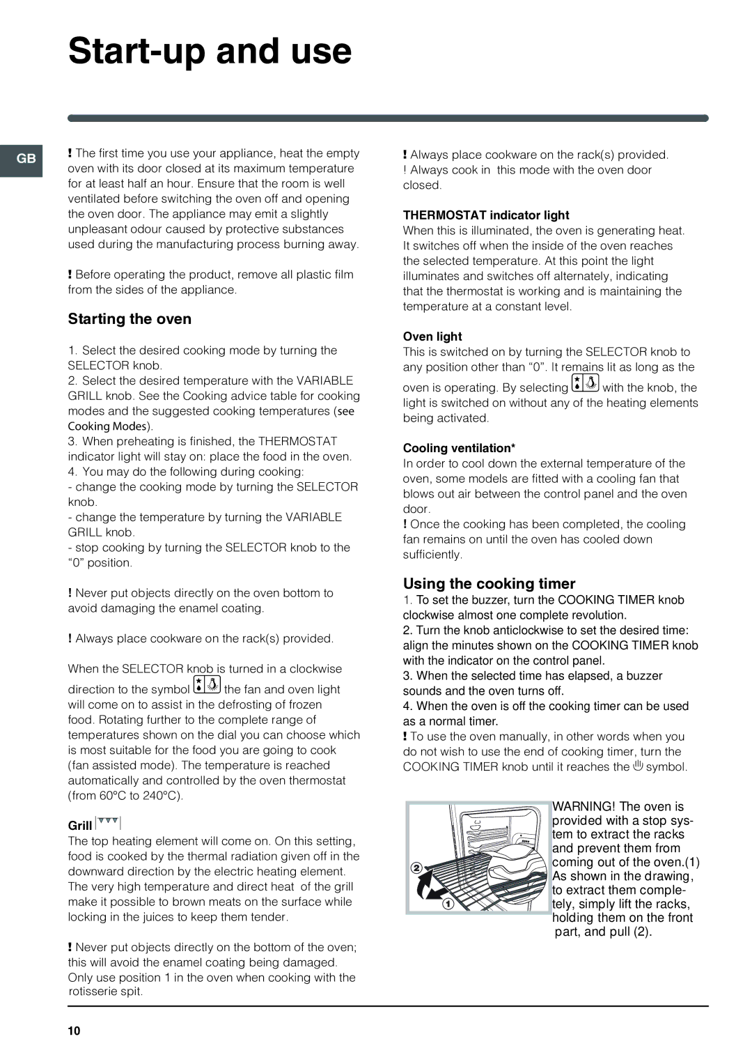 Indesit I6VV2A manual Start-up and use, Starting the oven, Using the cooking timer 