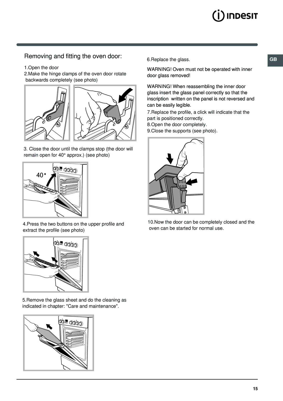 Indesit I6VV2A manual Removing and fitting the oven door 