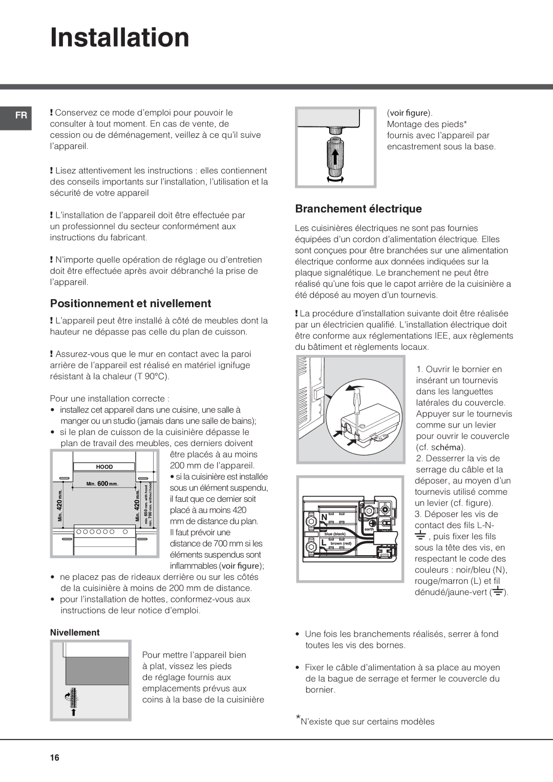 Indesit I6VV2A manual Positionnement et nivellement, Branchement électrique 