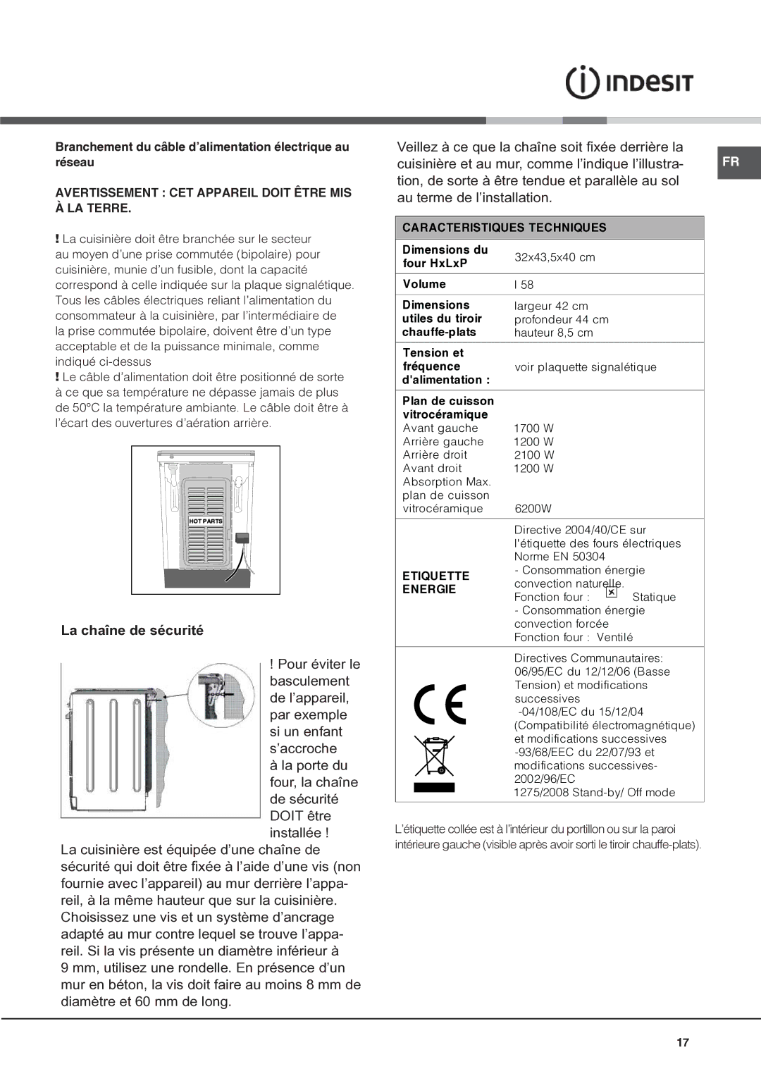 Indesit I6VV2A manual Branchement du câble d’alimentation électrique au réseau 