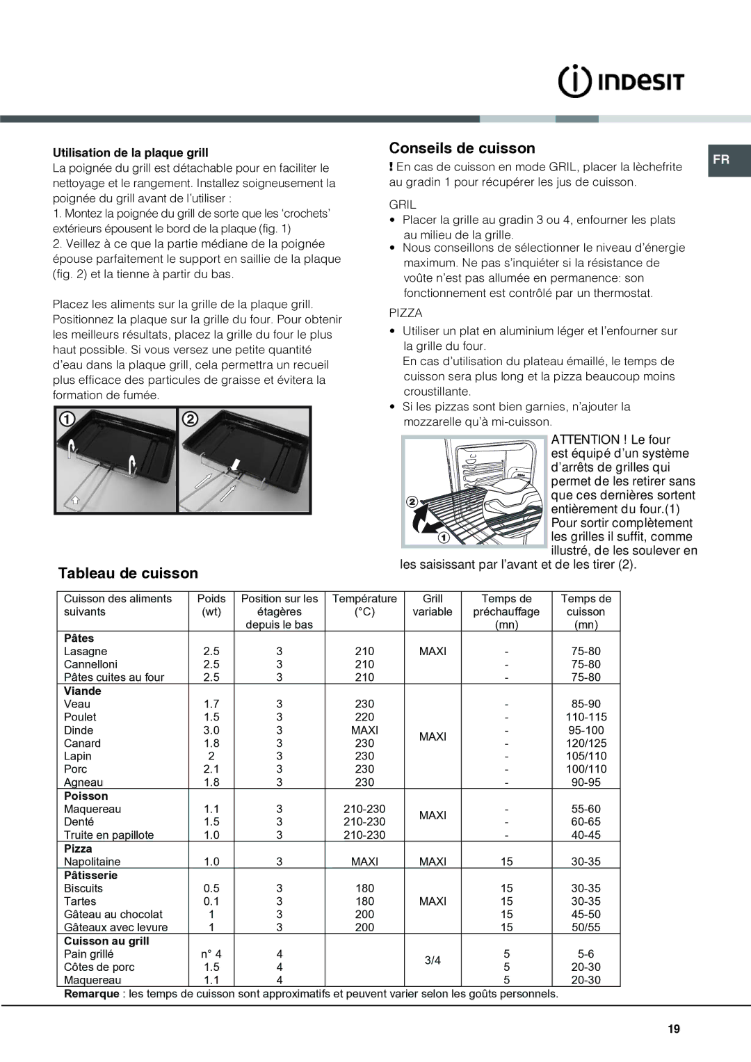 Indesit I6VV2A manual Tableau de cuisson Conseils de cuisson, Utilisation de la plaque grill 