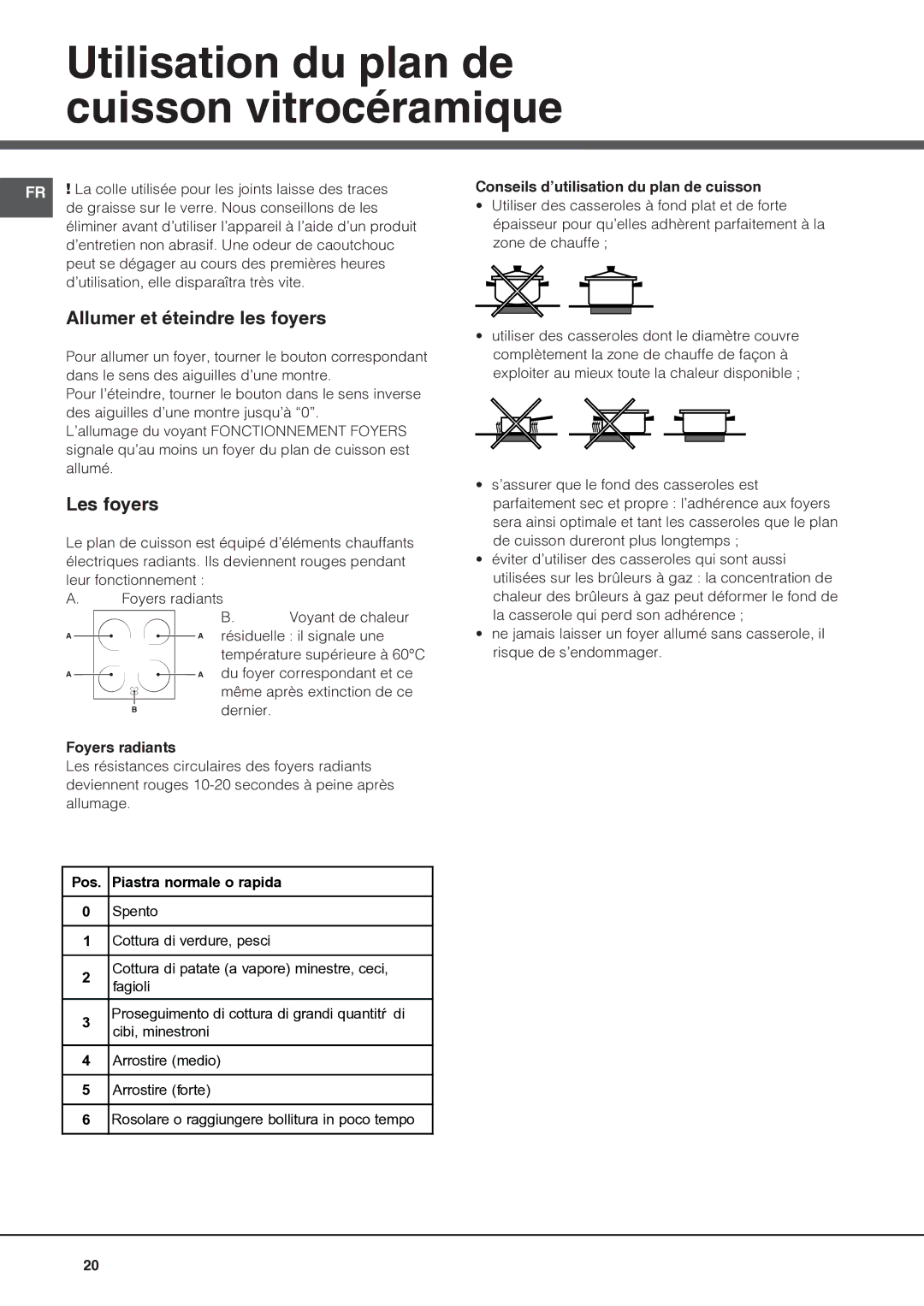 Indesit I6VV2A manual Utilisation du plan de cuisson vitrocéramique, Allumer et éteindre les foyers, Les foyers 