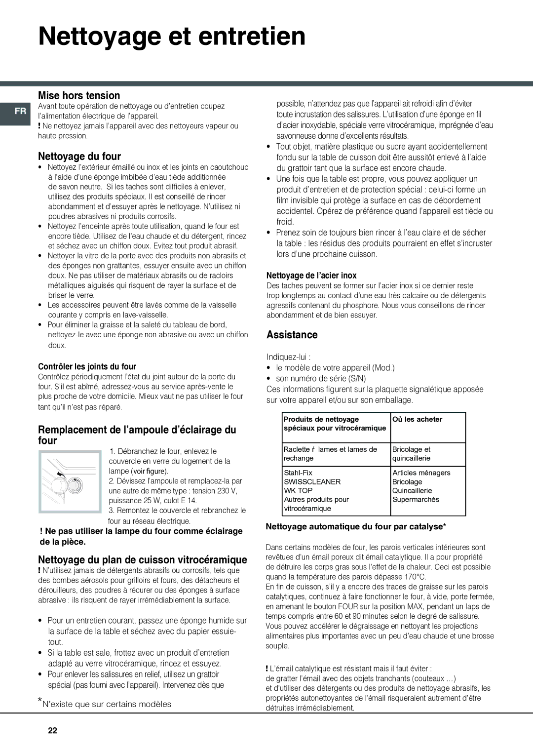 Indesit I6VV2A Nettoyage et entretien, Mise hors tension, Nettoyage du four, Remplacement de l’ampoule d’éclairage du four 