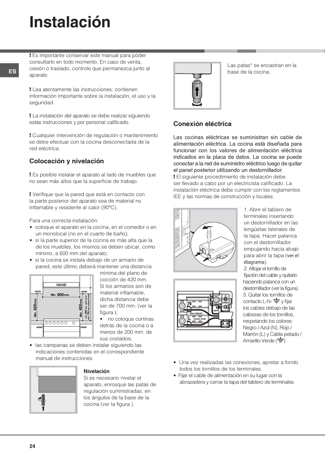 Indesit I6VV2A manual Instalación, Colocación y nivelación, Conexión eléctrica, Nivelación 