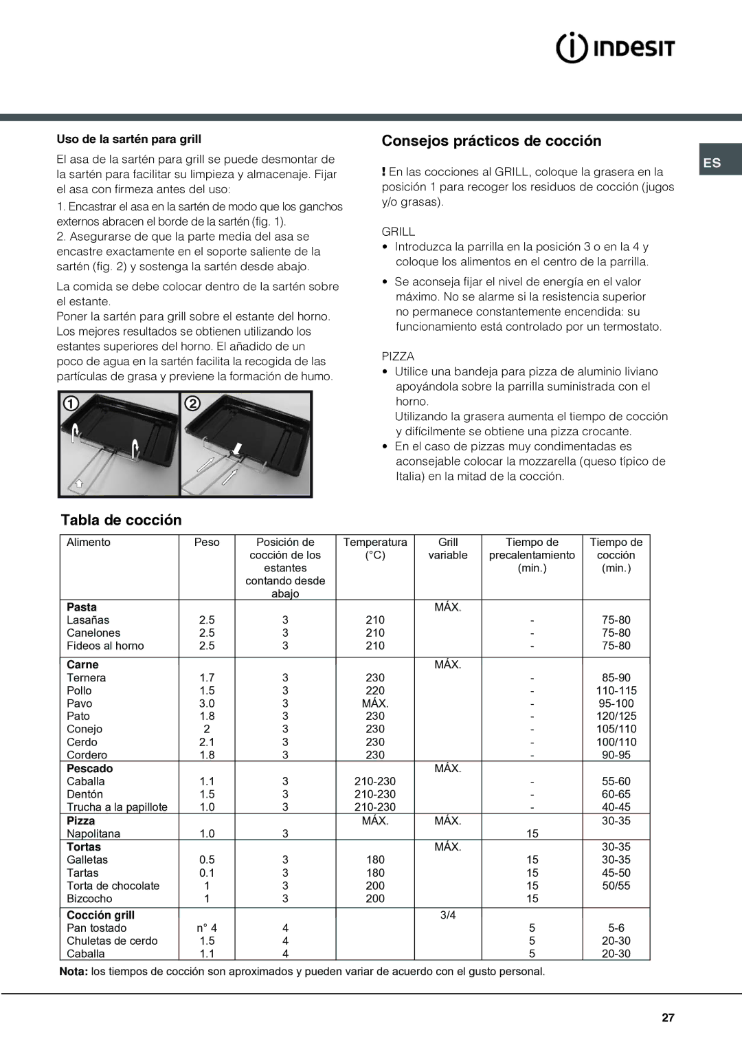 Indesit I6VV2A manual Consejos prácticos de cocción, Tabla de cocción, Uso de la sartén para grill 