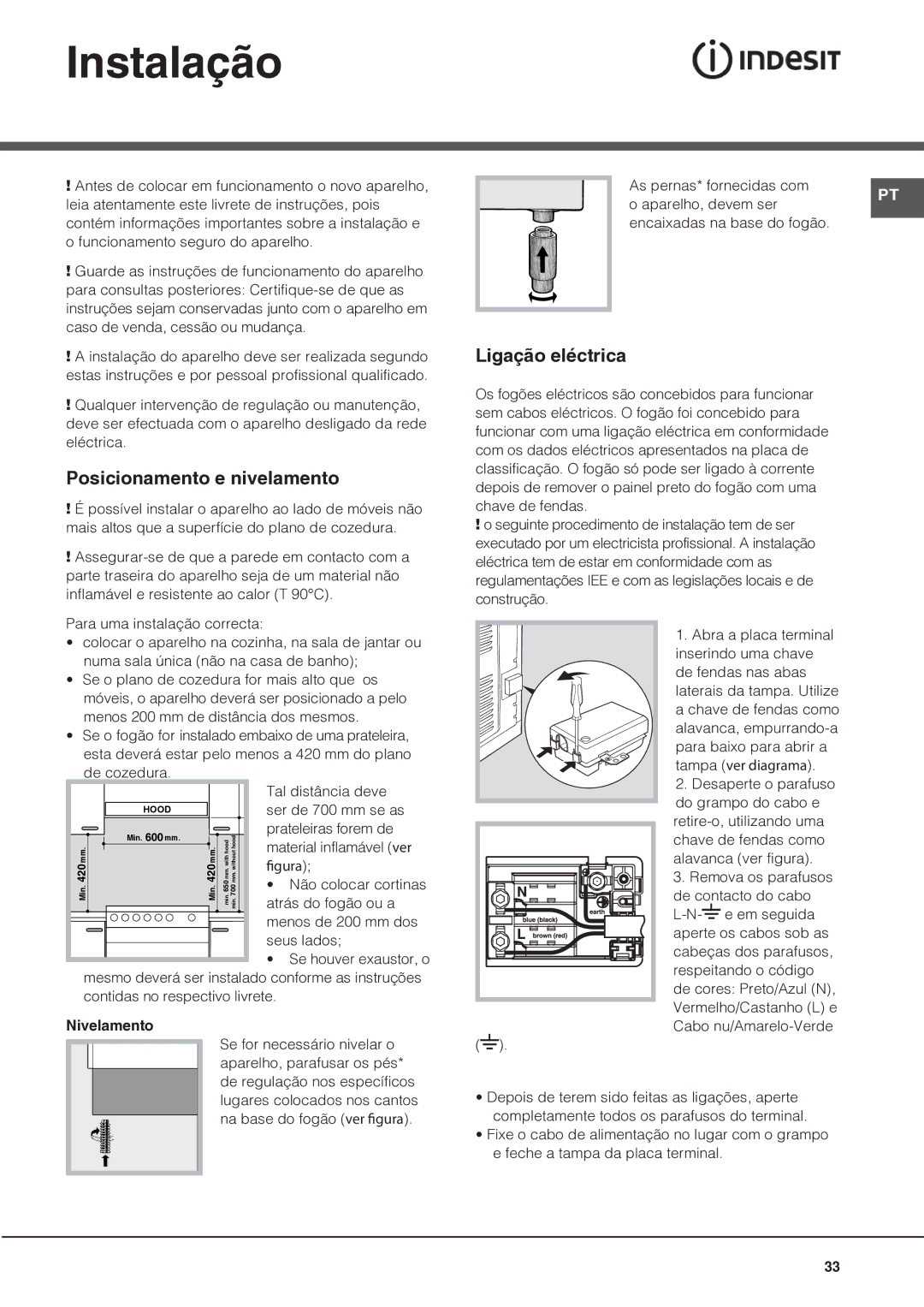 Indesit I6VV2A manual Instalação, Posicionamento e nivelamento, Ligação eléctrica, Nivelamento 