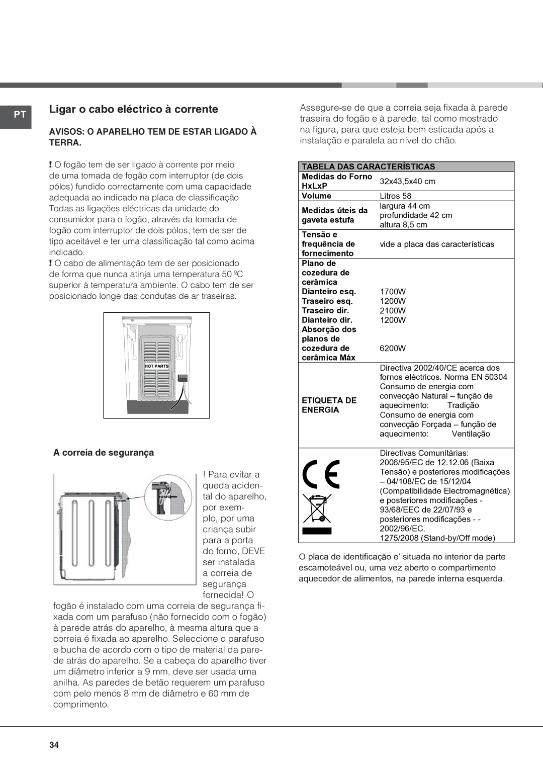 Indesit I6VV2A manual Ligar o cabo eléctrico à corrente, Correia de segurança 