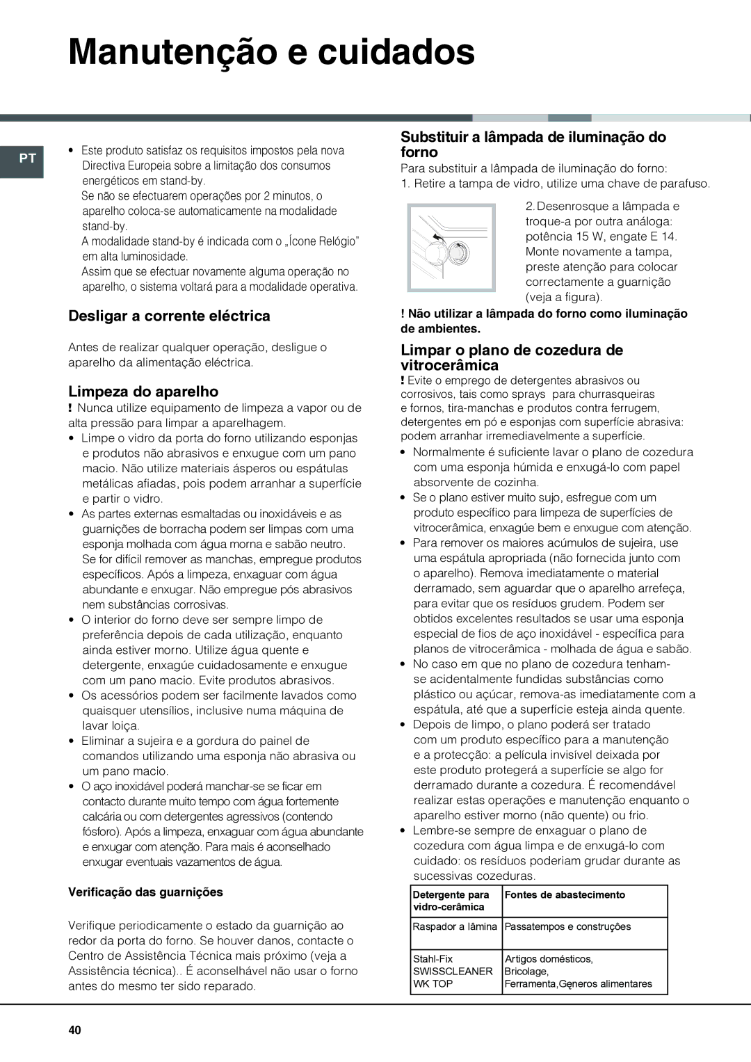 Indesit I6VV2A manual Manutenção e cuidados, Desligar a corrente eléctrica, Limpeza do aparelho 