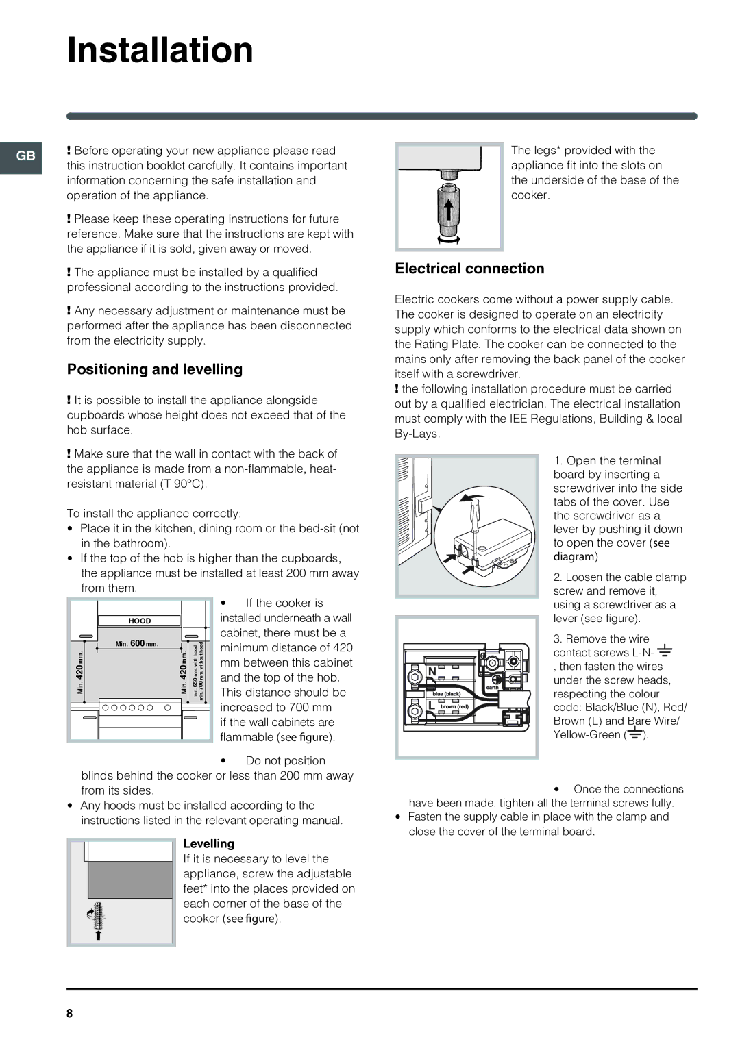 Indesit I6VV2A manual Installation, Positioning and levelling, Electrical connection, Levelling 