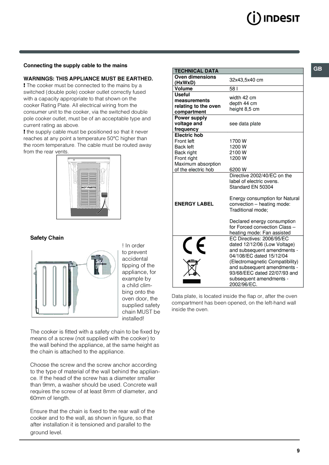 Indesit I6VV2A manual Connecting the supply cable to the mains, Safety Chain 