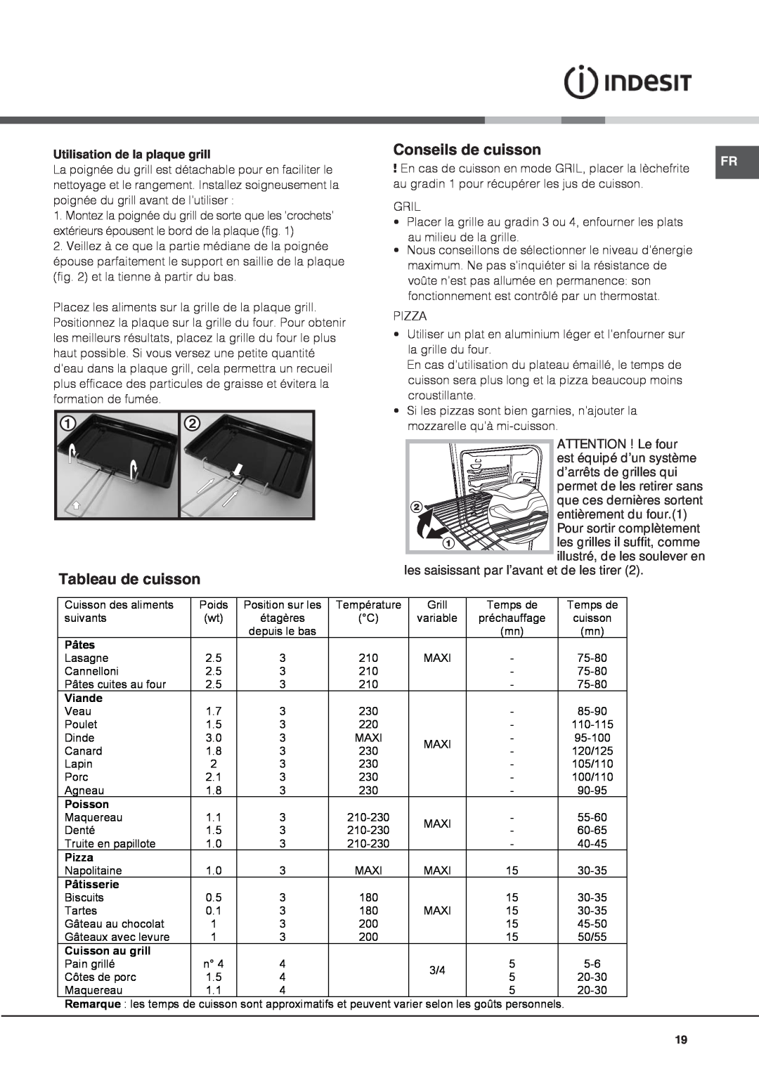 Indesit I6VV2A manual Tableau de cuisson, Conseils de cuisson, Utilisation de la plaque grill 