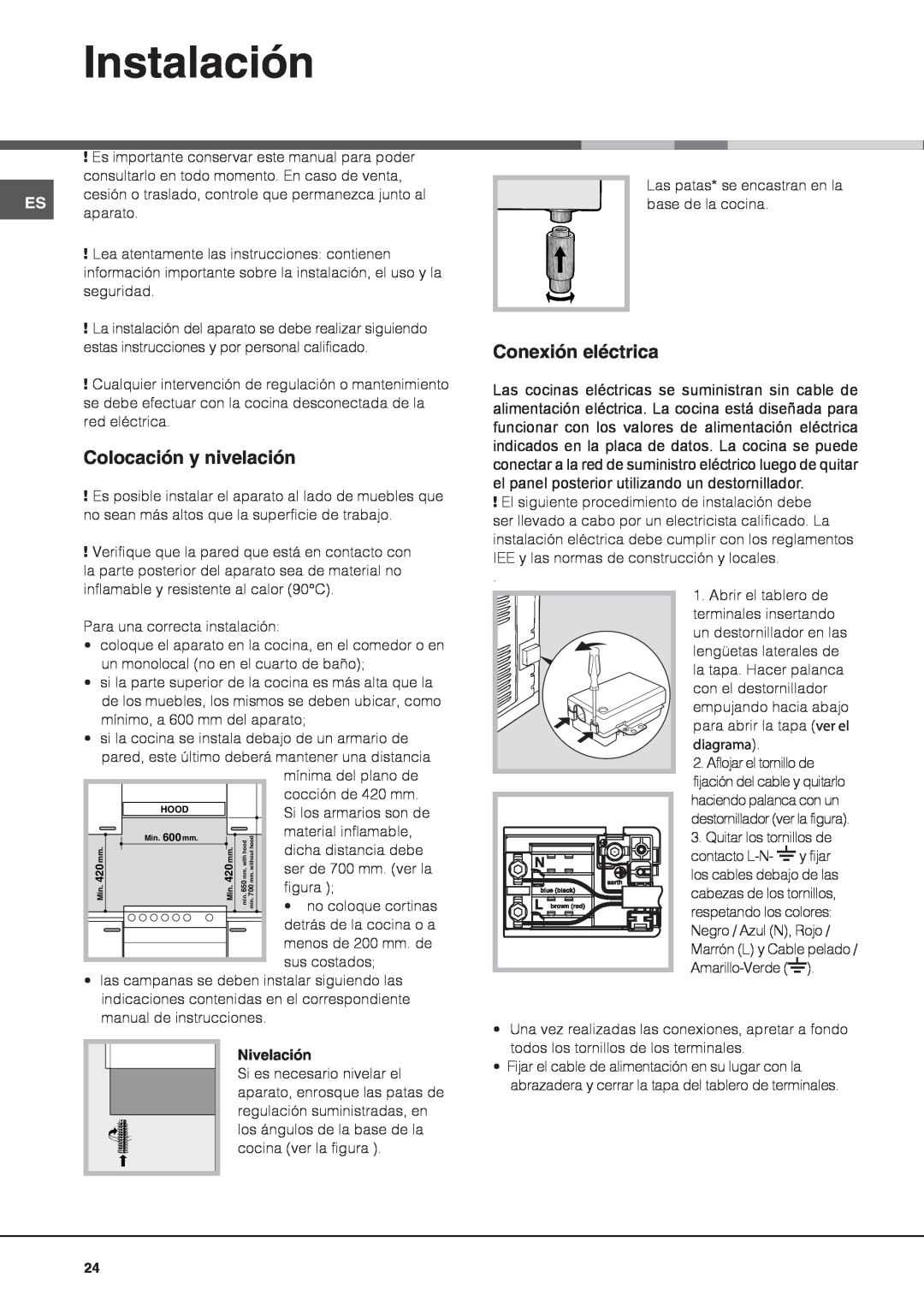 Indesit I6VV2A manual Instalación, Colocación y nivelación, Conexión eléctrica, Nivelación 