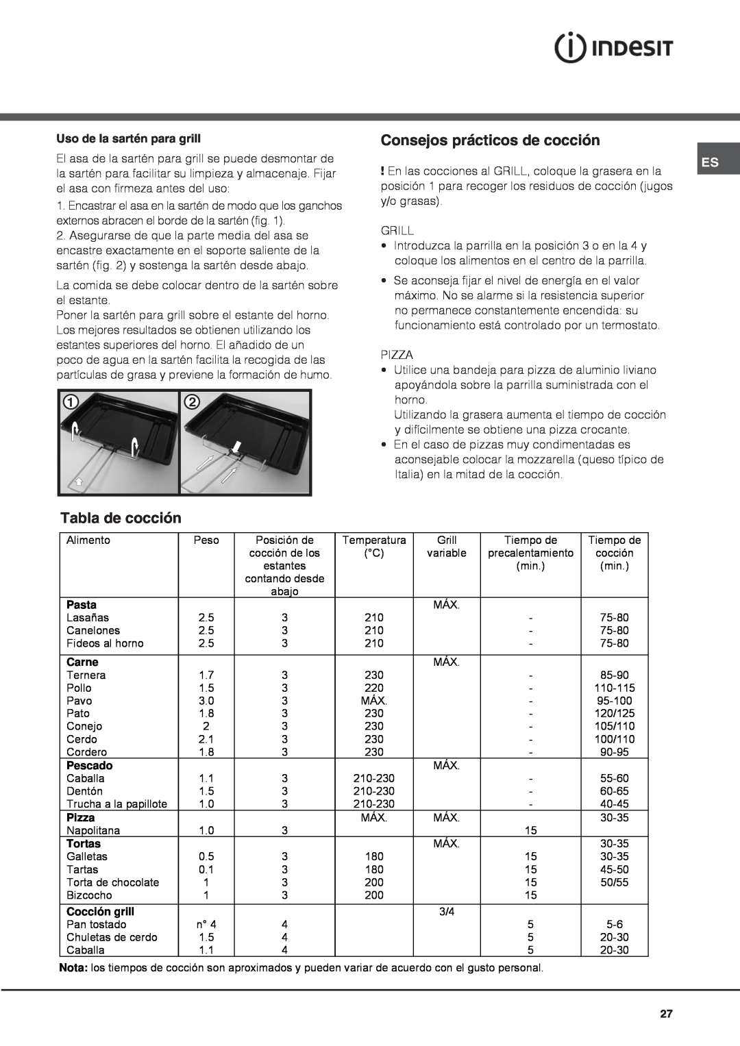 Indesit I6VV2A manual Consejos prácticos de cocción, Tabla de cocción, Uso de la sartén para grill 