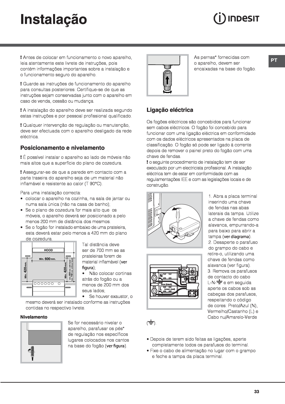 Indesit I6VV2A manual Instalação, Posicionamento e nivelamento, Ligação eléctrica, Nivelamento 