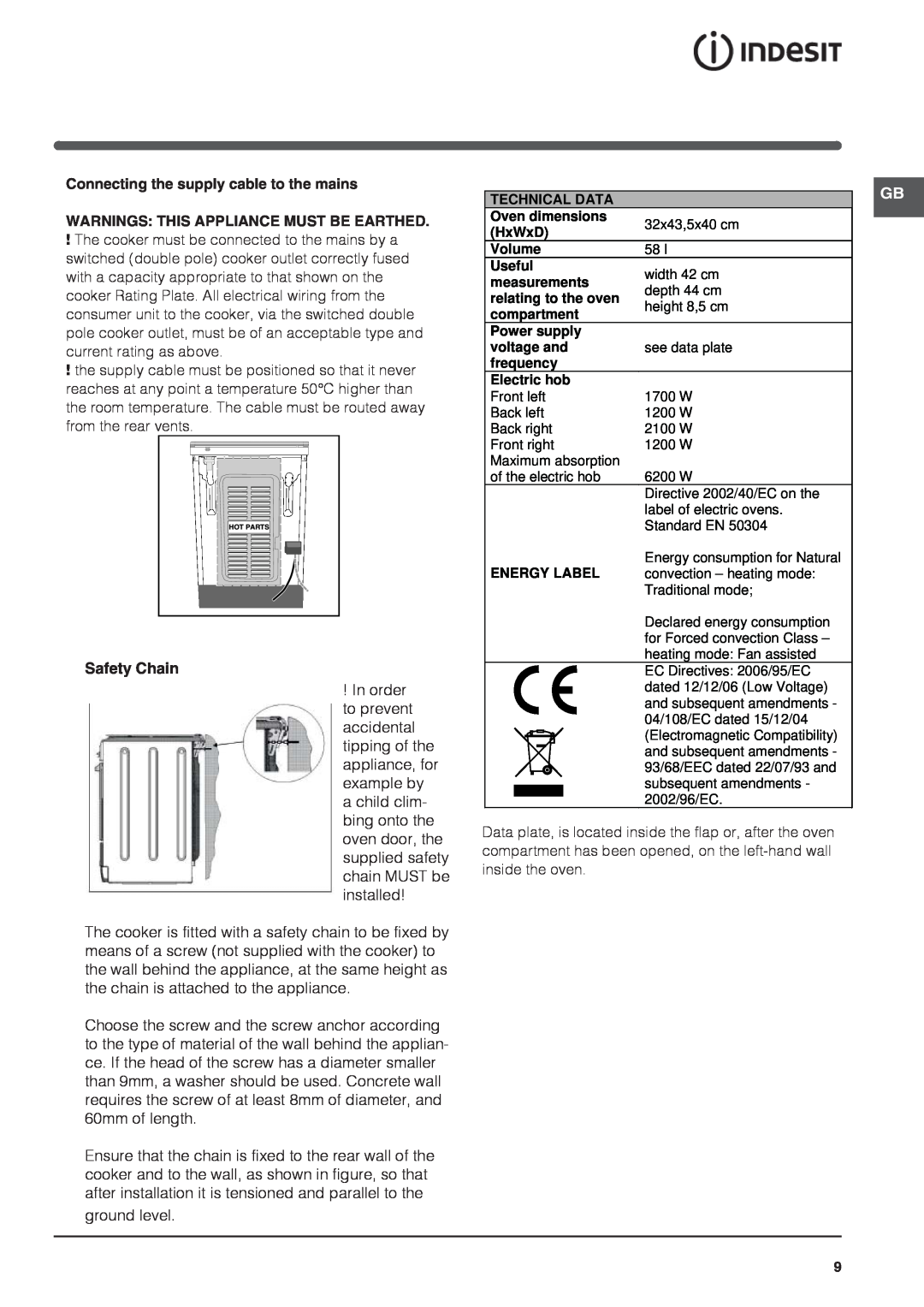 Indesit I6VV2A manual Connecting the supply cable to the mains, Warnings This Appliance Must Be Earthed, Safety Chain 