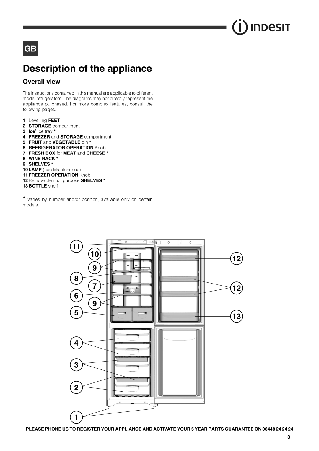 Indesit BIAAXXXX, IBXXAXX Description of the appliance, 1012, Overall view, WINE RACK 9 SHELVES, FREEZER OPERATION Knob 