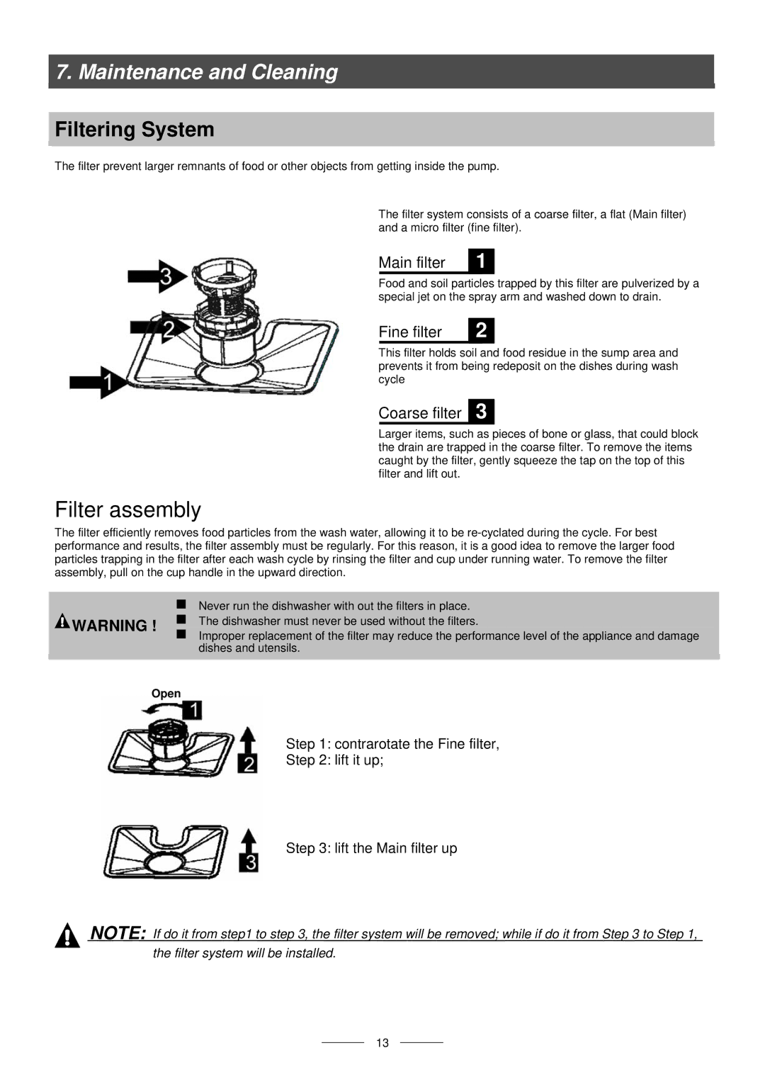 Indesit ICD instruction manual Filter assembly, Maintenance and Cleaning, Filtering System 