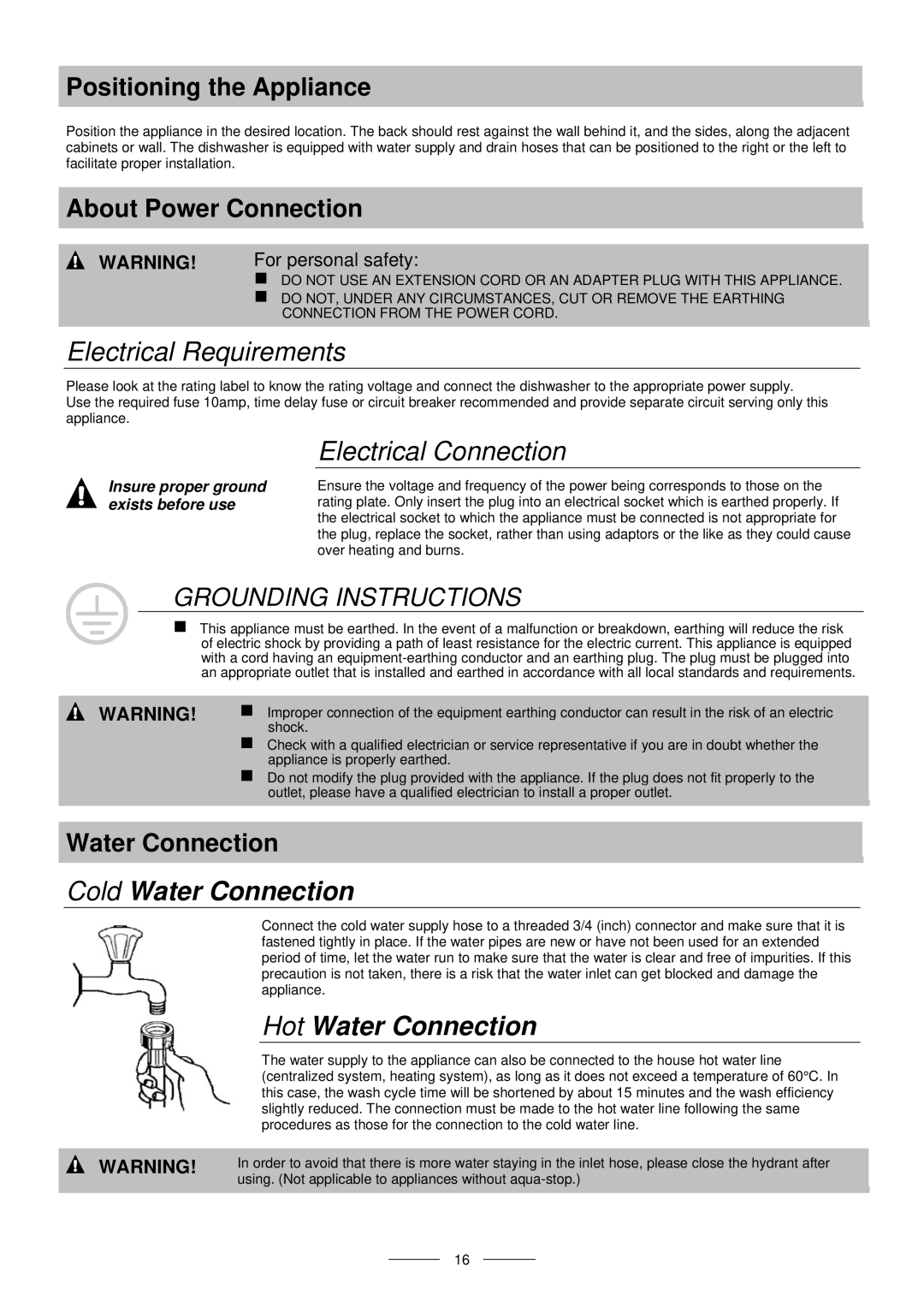 Indesit ICD instruction manual Positioning the Appliance, About Power Connection, Water Connection, For personal safety 