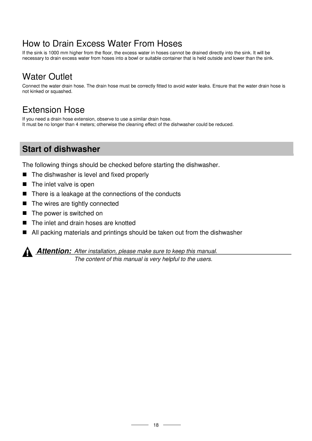 Indesit ICD instruction manual How to Drain Excess Water From Hoses, Water Outlet, Extension Hose, Start of dishwasher 