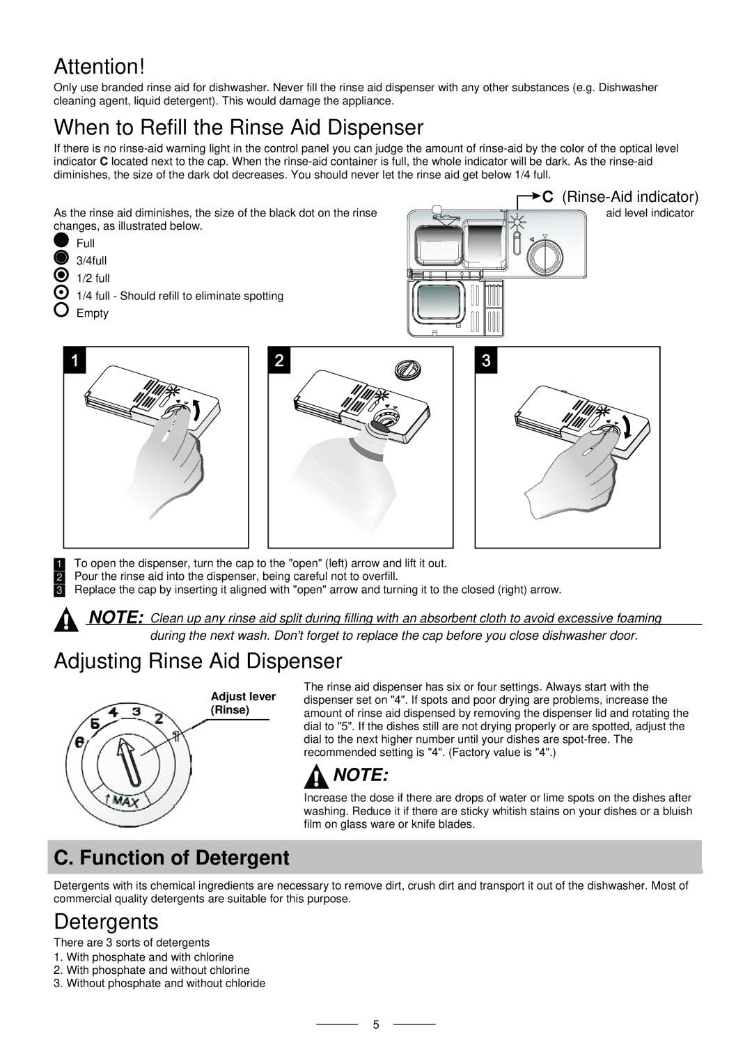 Indesit ICD When to Refill the Rinse Aid Dispenser, Adjusting Rinse Aid Dispenser, Detergents, Function of Detergent 