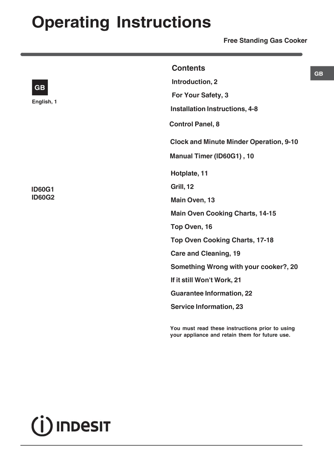 Indesit ID60G2 operating instructions Operating Instructions, Contents 