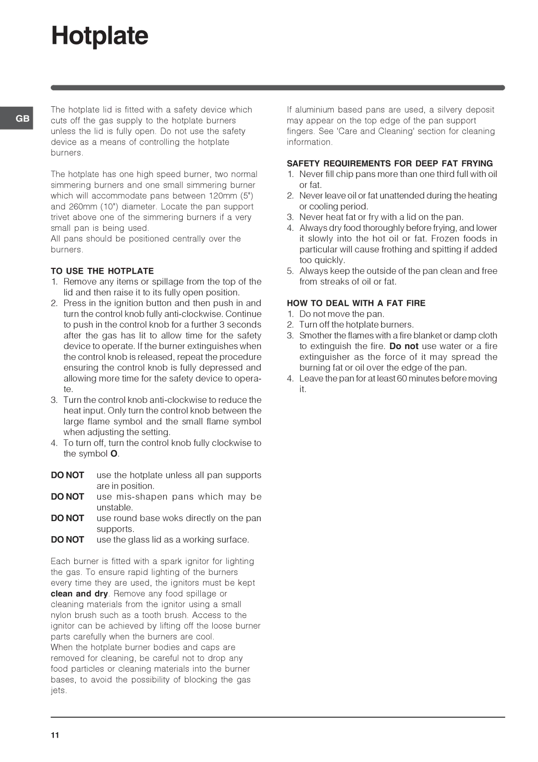 Indesit ID60G2 To USE the Hotplate, Safety Requirements for Deep FAT Frying, HOW to Deal with a FAT Fire 