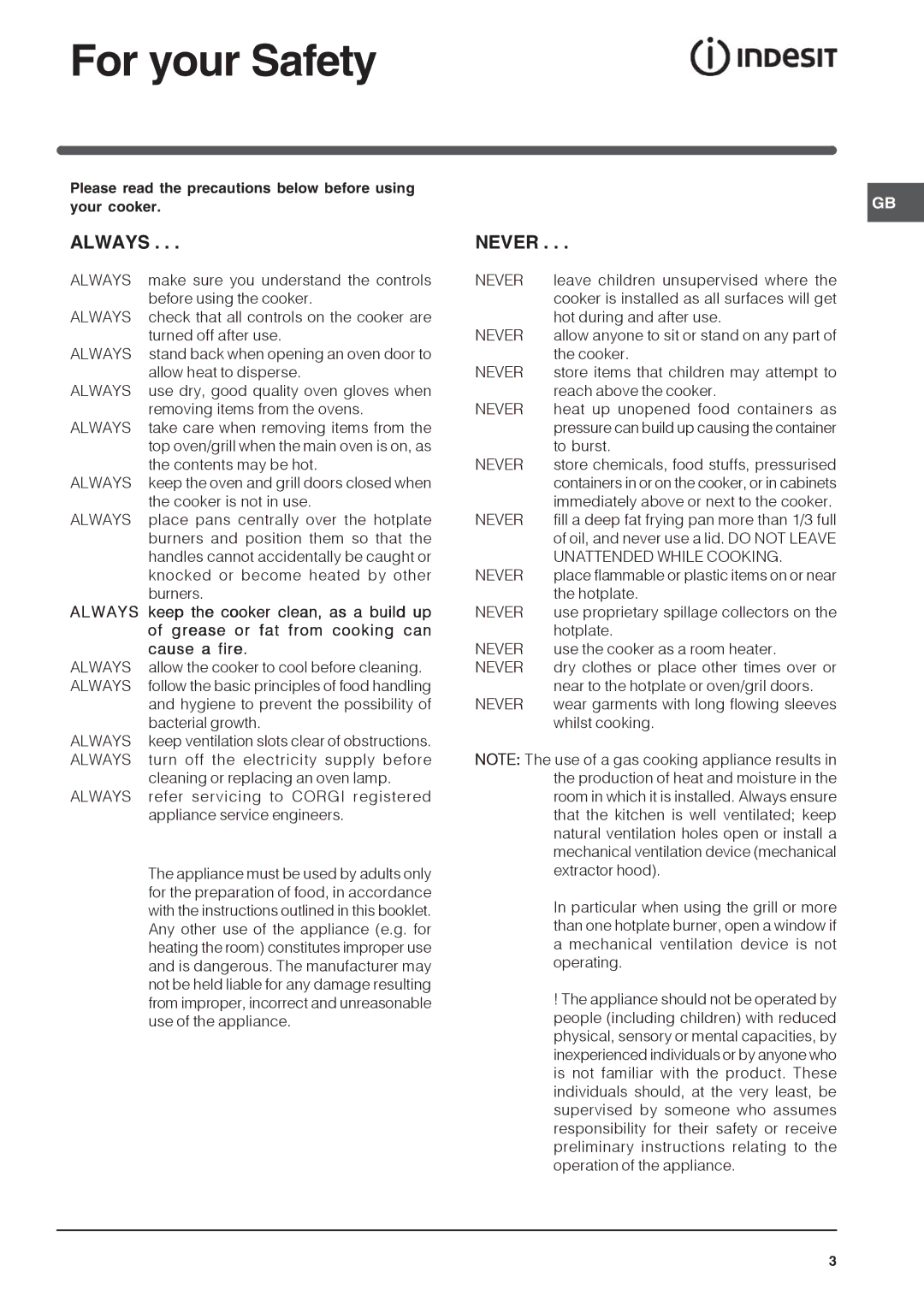 Indesit ID60G2 operating instructions For your Safety, Always 