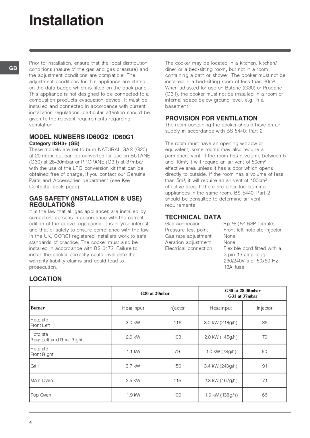 Indesit ID60G2 operating instructions Installation 