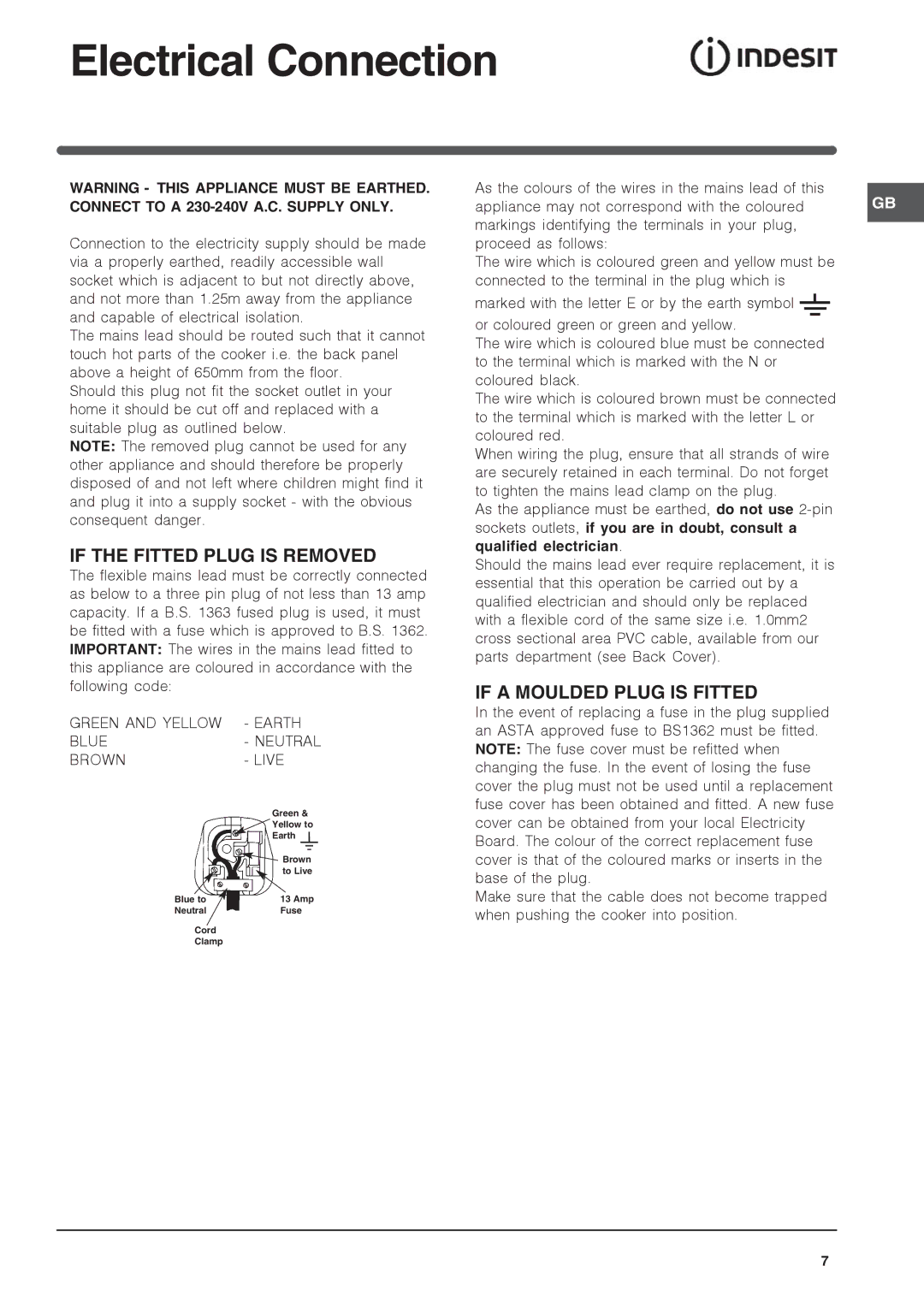 Indesit ID60G2 operating instructions Electrical Connection, If the Fitted Plug is Removed, If a Moulded Plug is Fitted 