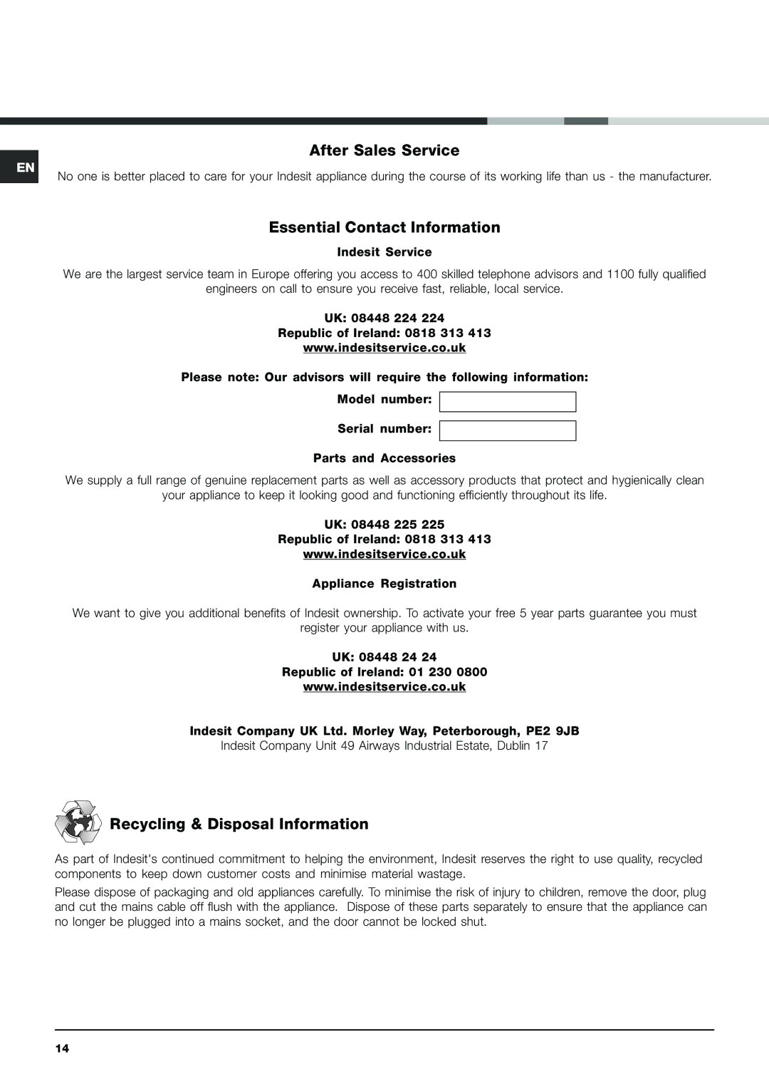 Indesit IDC 75 S instruction manual After Sales Service, Essential Contact Information, Recycling & Disposal Information 