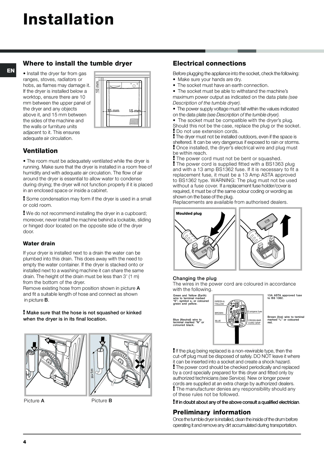 Indesit IDC 75 S Installation, Where to install the tumble dryer Electrical connections, Ventilation, Water drain 