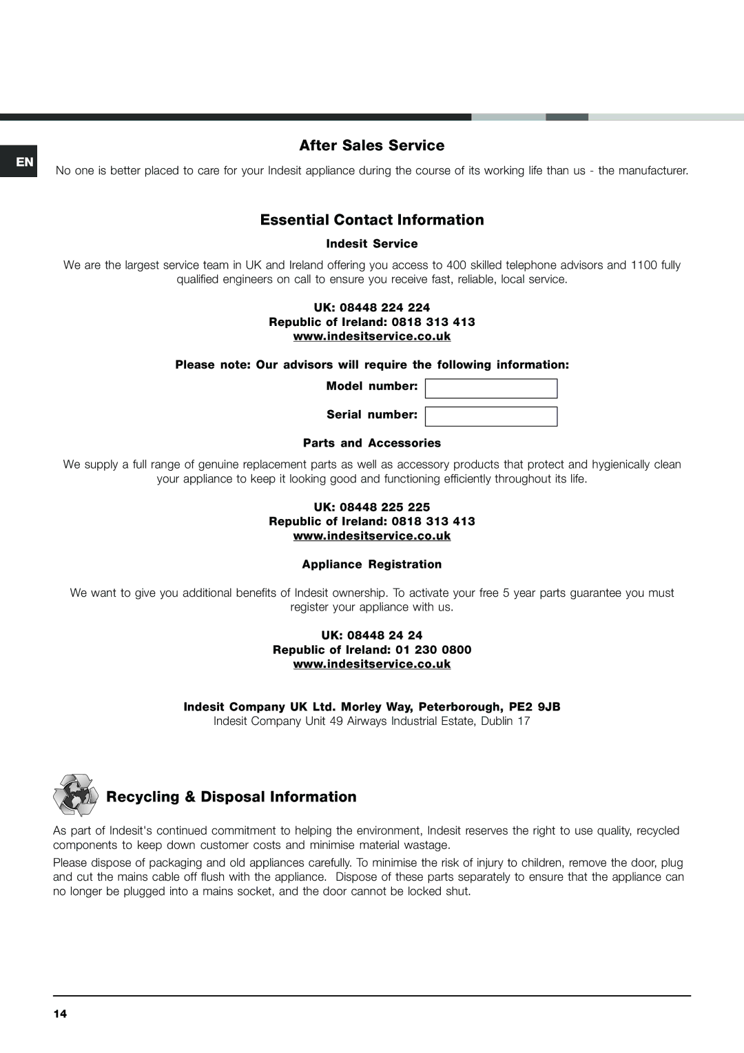 Indesit IDC 85 S instruction manual After Sales Service, Essential Contact Information, Recycling & Disposal Information 