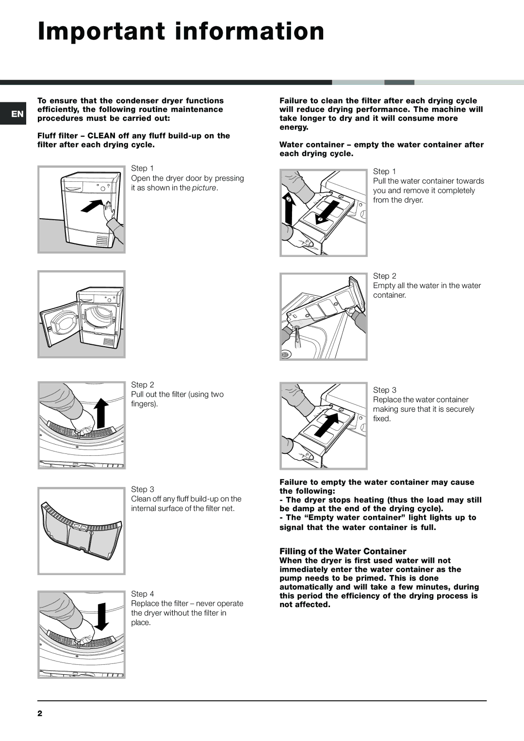 Indesit IDC 85 S instruction manual Important information, Filling of the Water Container 